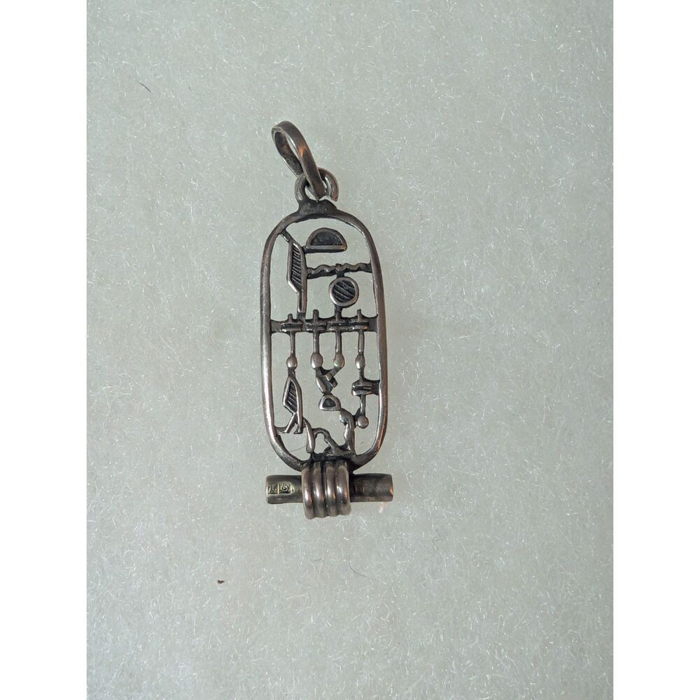 Vintage Egyptian Hieroglyph Open Work Silver Cartouche Charm Pendant
